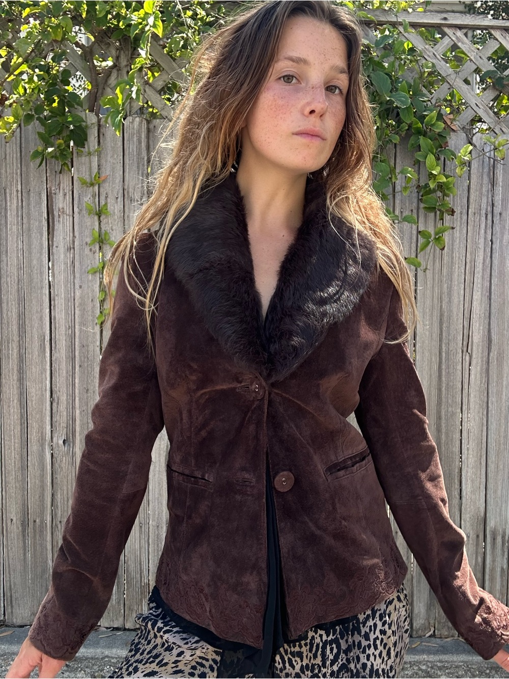 Brown Suede Jacket with Real Fur Detachable Collar floral embroidered